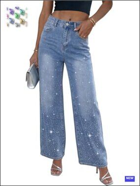 High Waisted Wide Leg Baggy Rhinestone Jeans Y2K
